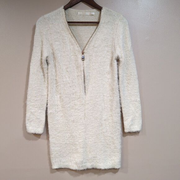 Cherry Paris Womens XS Wool Zip Up Mini Dress Cream Long Sleeve Fuzzy Sexy Party - Picture 1 of 9